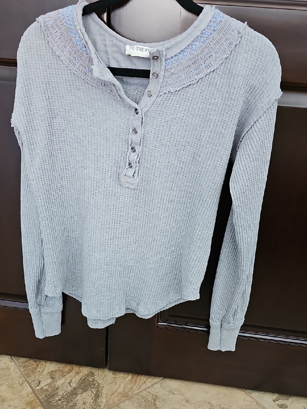 Washed Light Grey Waffle Henley Top with Lace Trim